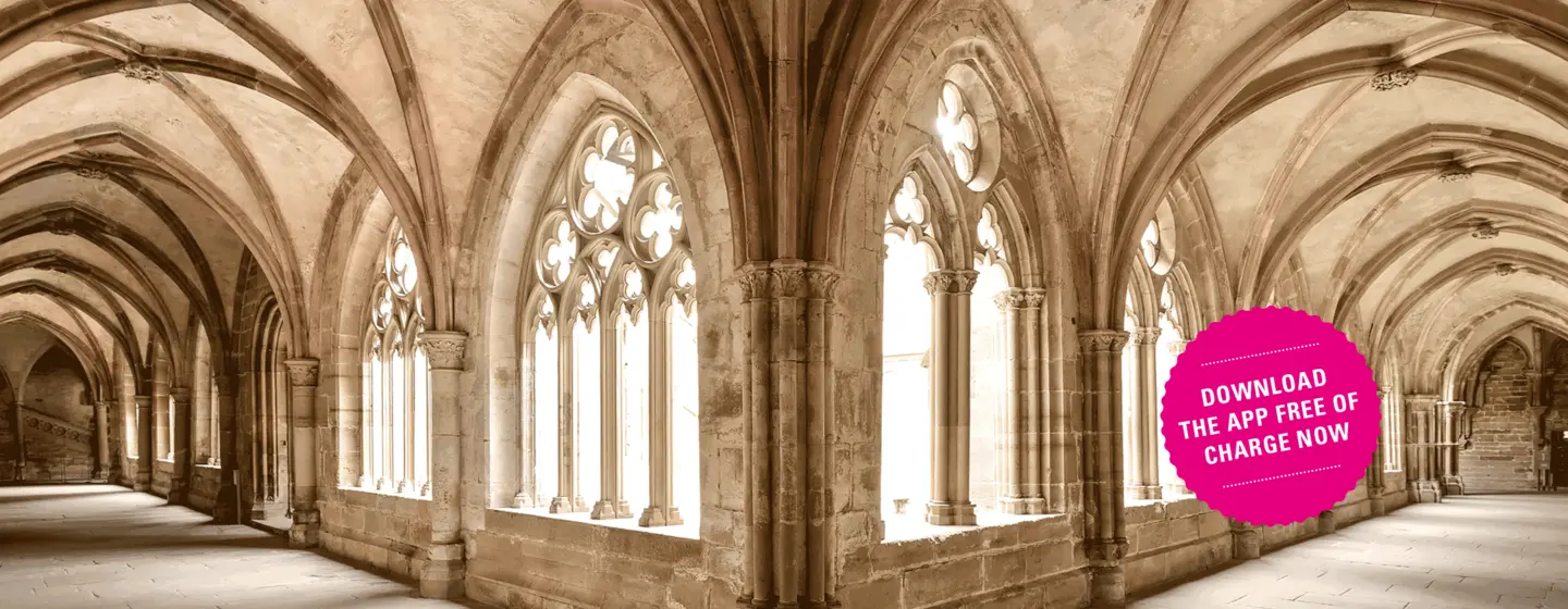 Opening of the page "App - Monument BW" Maulbronn Monastery, advertising banner for the app "Monument BW"